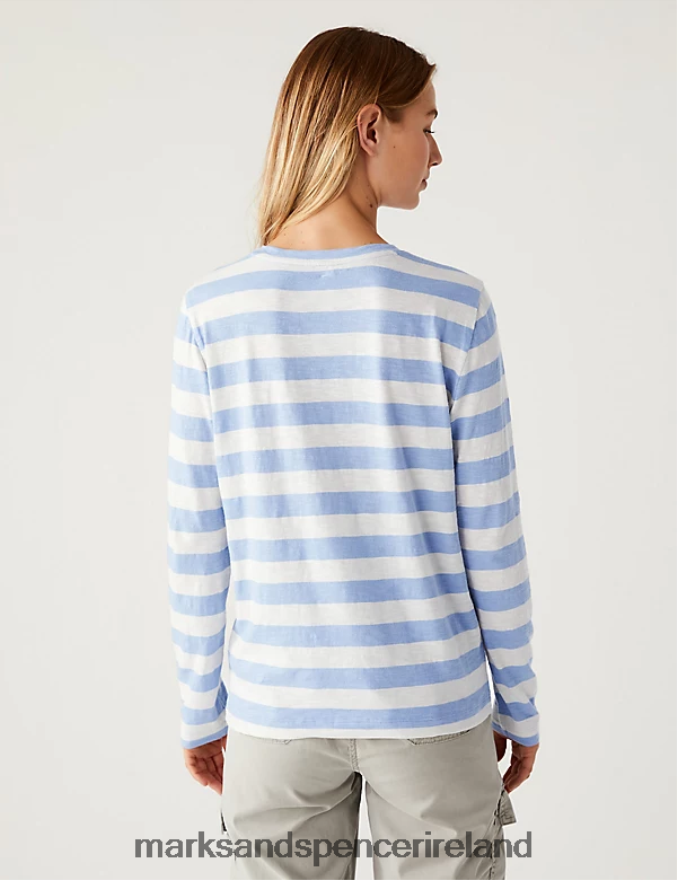 Marks & Spencer Women Pure Cotton Striped Crew Neck Top Light Blue Mix Clothing 2VJ8DF1415