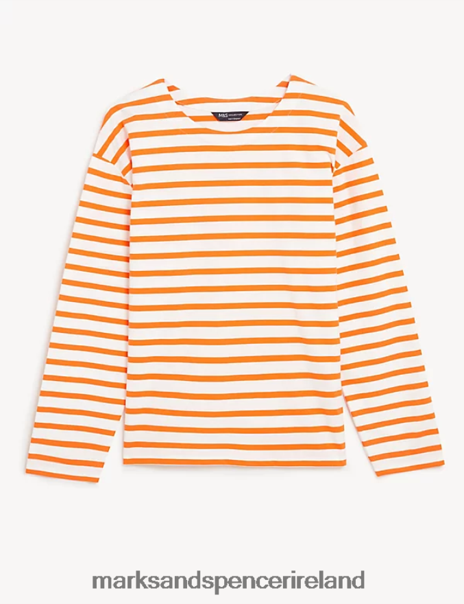 Marks & Spencer Women Pure Cotton Striped Crew Neck Top Orange Mix Clothing 2VJ8DF1257