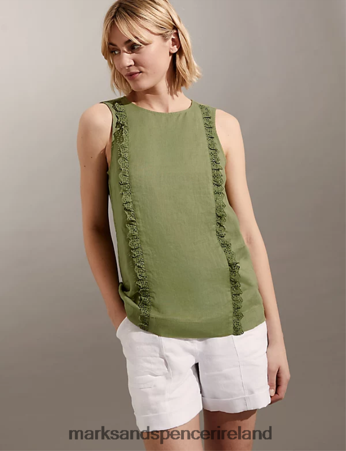 Marks & Spencer Women Pure Linen Broderie Vest Khaki Clothing 2VJ8DF1836
