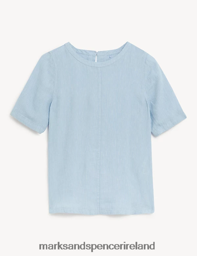 Marks & Spencer Women Pure Linen Striped Round Neck Top Medium Blue Mix Clothing 2VJ8DF521