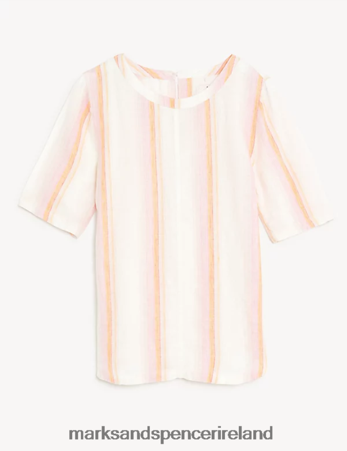 Marks & Spencer Women Pure Linen Striped Round Neck Top Pink Mix Clothing 2VJ8DF903