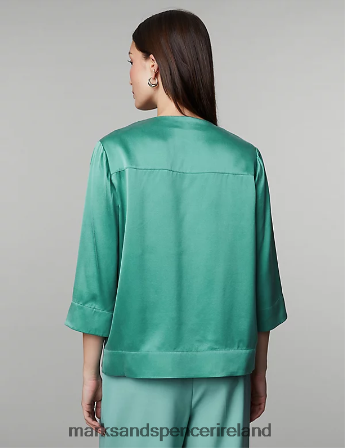 Marks & Spencer Women Pure Silk V-Neck Top Teal Clothing 2VJ8DF375
