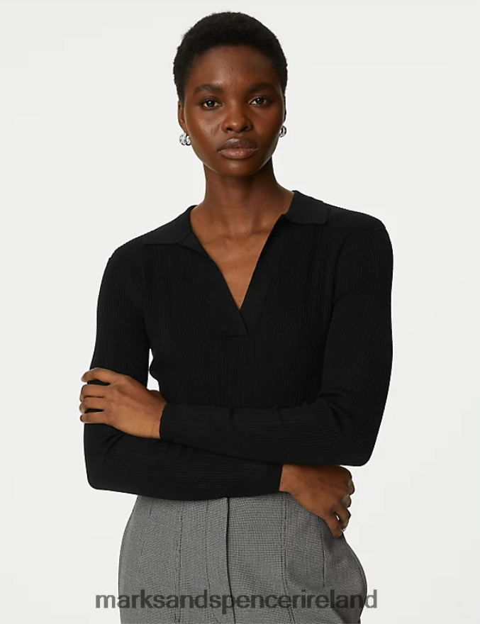 Marks & Spencer Women Ribbed Collared Fitted Knitted Top Black Clothing 2VJ8DF1023