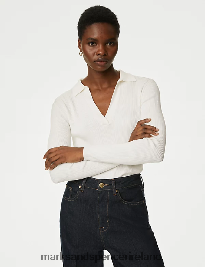 Marks & Spencer Women Ribbed Collared Fitted Knitted Top Ivory Clothing 2VJ8DF633
