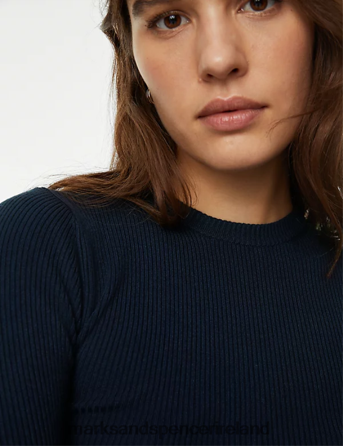 Marks & Spencer Women Ribbed Crew Neck Cropped Top Dark Navy Clothing 2VJ8DF1301