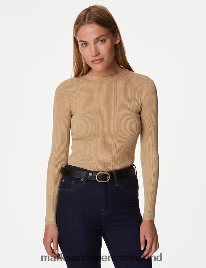 Marks & Spencer Women Ribbed Crew Neck Fitted Knitted Top Camel Clothing 2VJ8DF1562