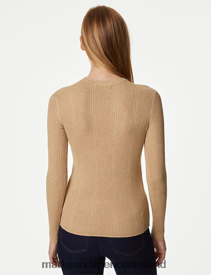 Marks & Spencer Women Ribbed Crew Neck Fitted Knitted Top Camel Clothing 2VJ8DF1562