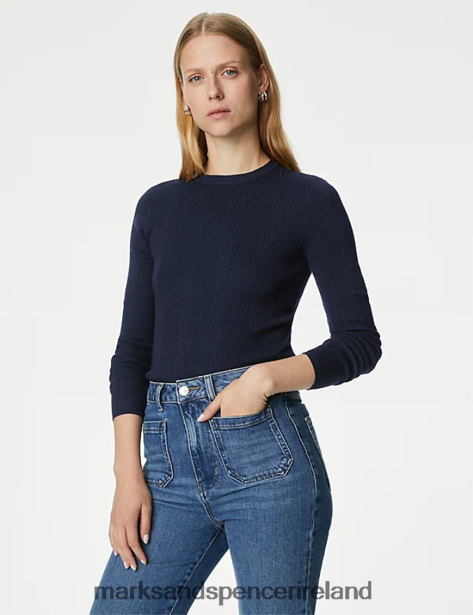 Marks & Spencer Women Ribbed Crew Neck Fitted Knitted Top Midnight Navy Clothing 2VJ8DF1563