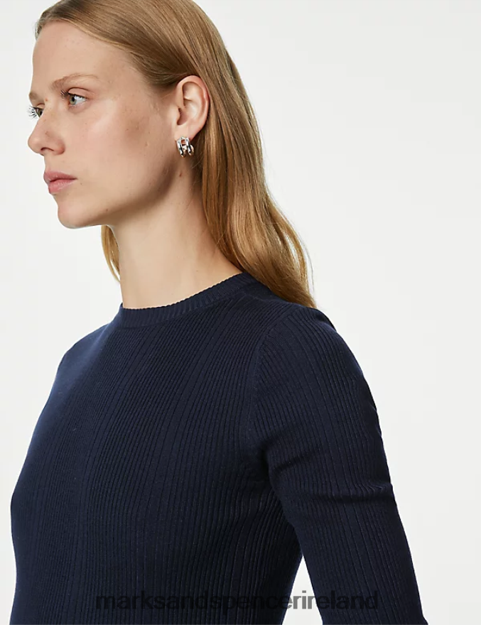 Marks & Spencer Women Ribbed Crew Neck Fitted Knitted Top Midnight Navy Clothing 2VJ8DF1563