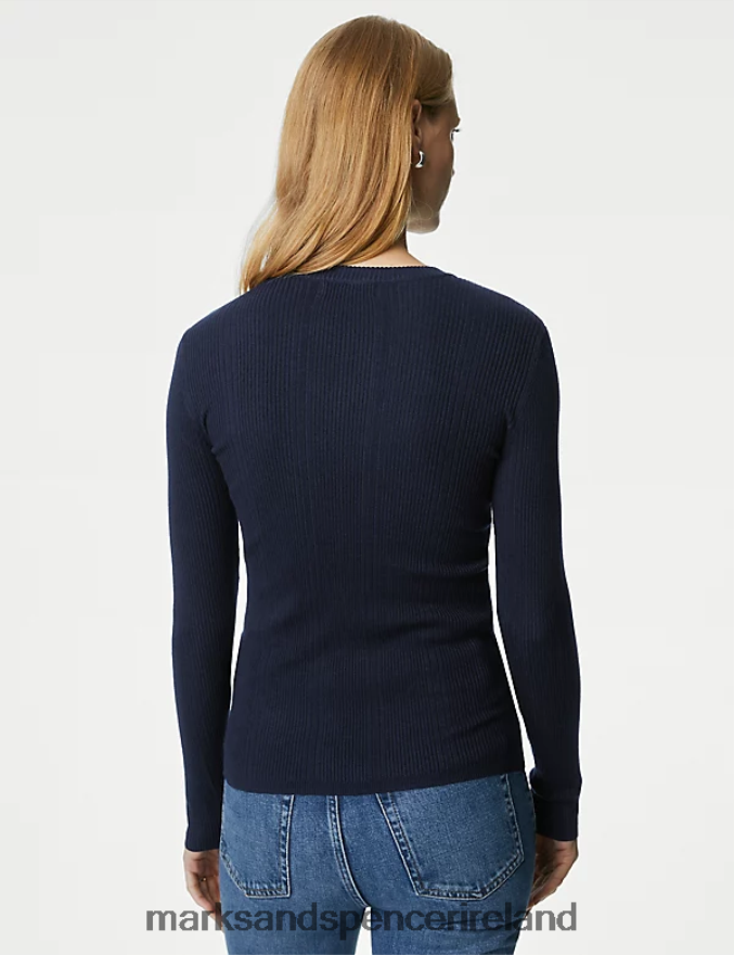 Marks & Spencer Women Ribbed Crew Neck Fitted Knitted Top Midnight Navy Clothing 2VJ8DF1563