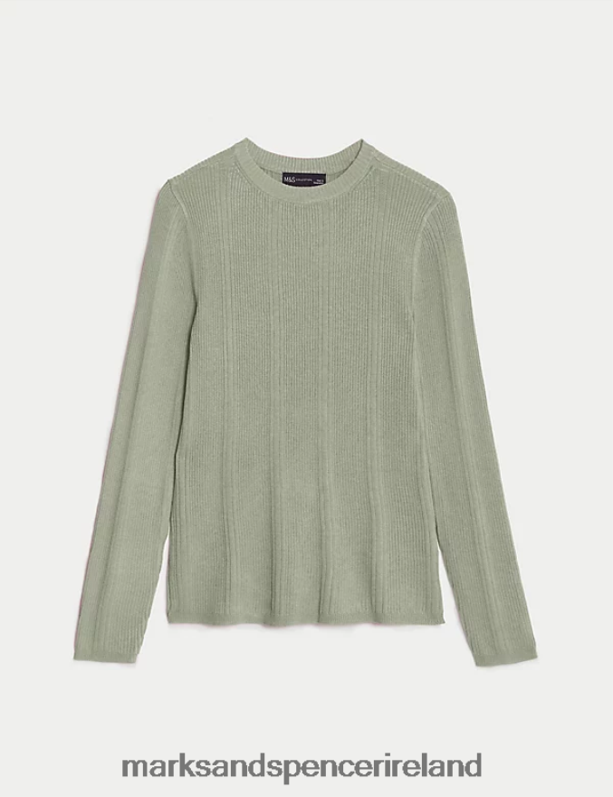 Marks & Spencer Women Ribbed Crew Neck Fitted Knitted Top Soft Green Clothing 2VJ8DF1564