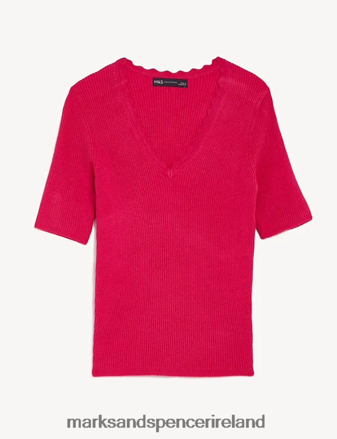 Marks & Spencer Women Ribbed V-Neck Scallop Edge Knitted Top Bright Red Clothing 2VJ8DF1749