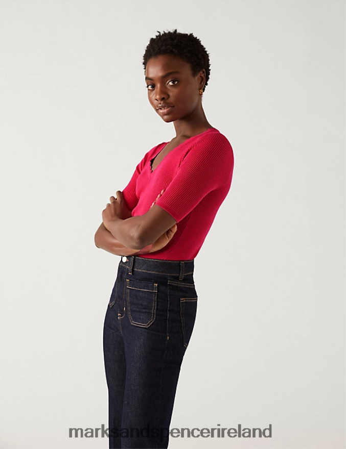 Marks & Spencer Women Ribbed V-Neck Scallop Edge Knitted Top Bright Red Clothing 2VJ8DF1749