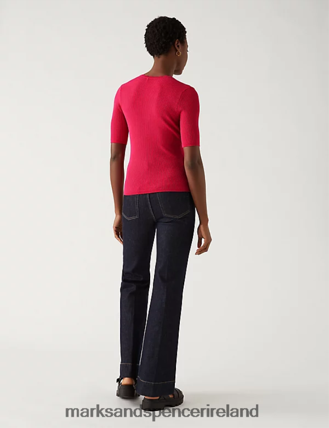 Marks & Spencer Women Ribbed V-Neck Scallop Edge Knitted Top Bright Red Clothing 2VJ8DF1749