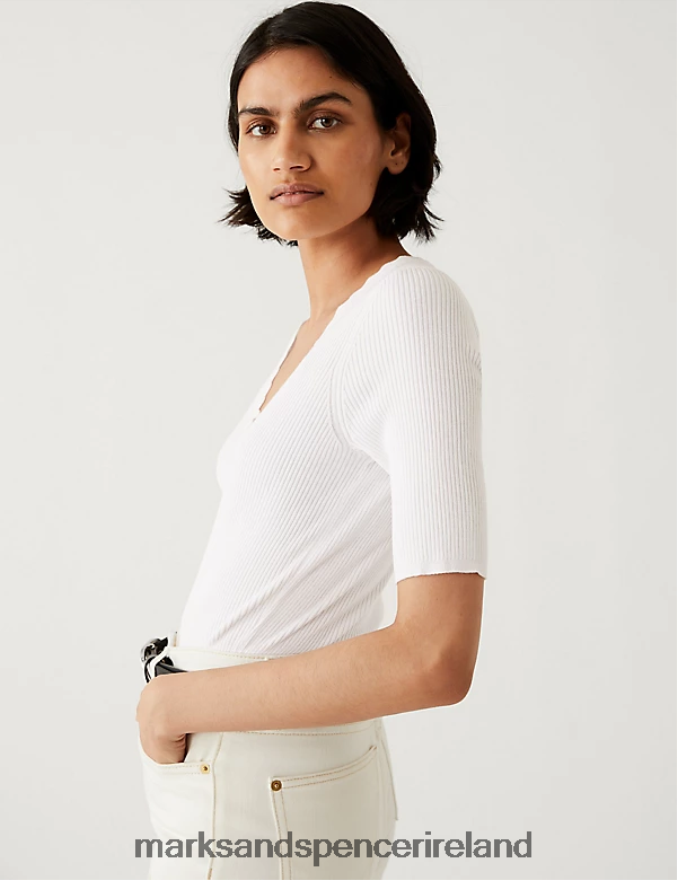 Marks & Spencer Women Ribbed V-Neck Scallop Edge Knitted Top Soft White Clothing 2VJ8DF1748