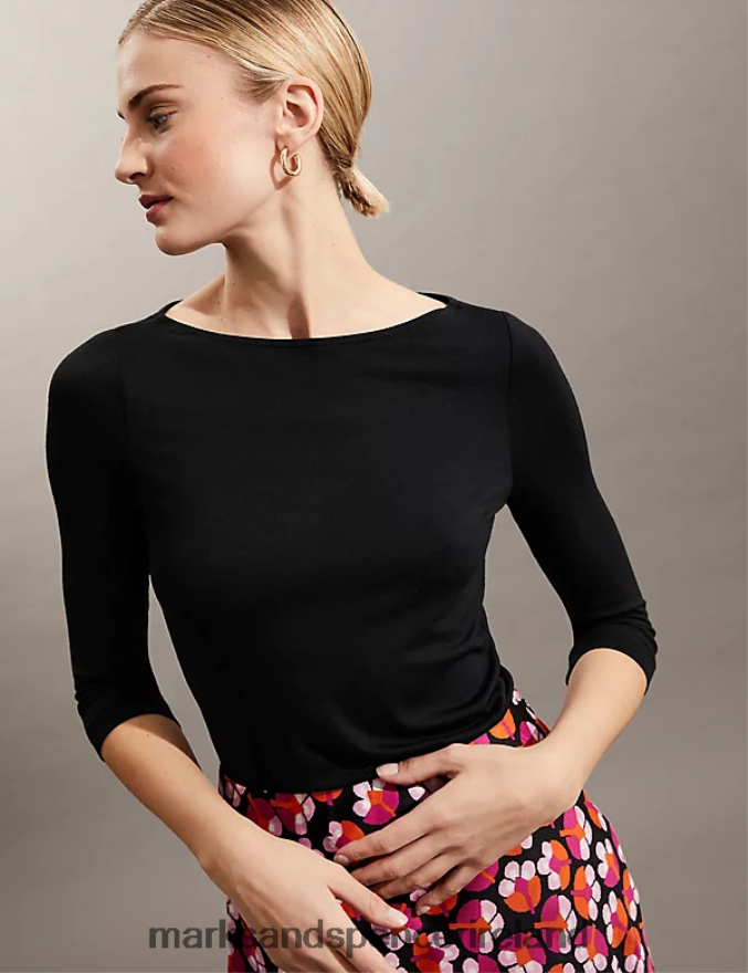 Marks & Spencer Women Slash Neck 3/4 Sleeve Top Black Clothing 2VJ8DF3027