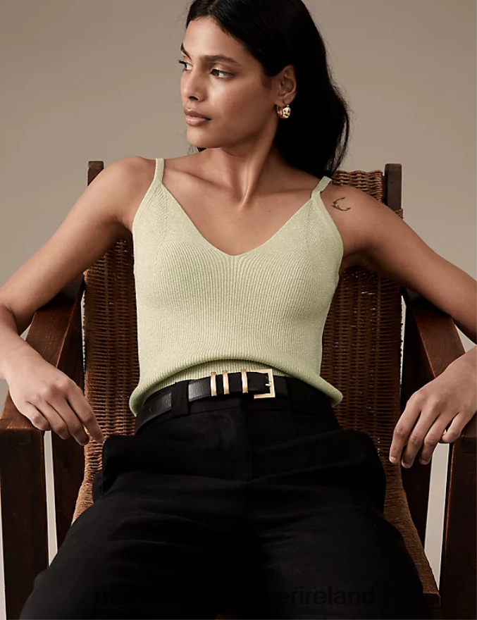 Marks & Spencer Women Sparkly Ribbed V-Neck Knitted Vest Light Citrus Clothing 2VJ8DF1826