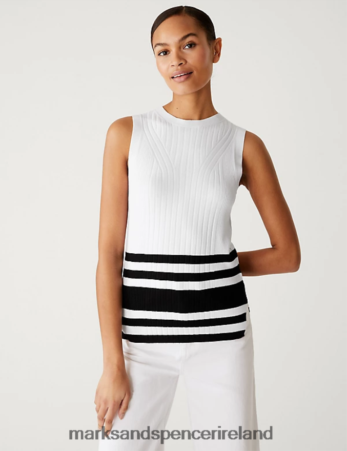 Marks & Spencer Women Striped Crew Neck Fitted Knitted Vest Black Mix Clothing 2VJ8DF1210