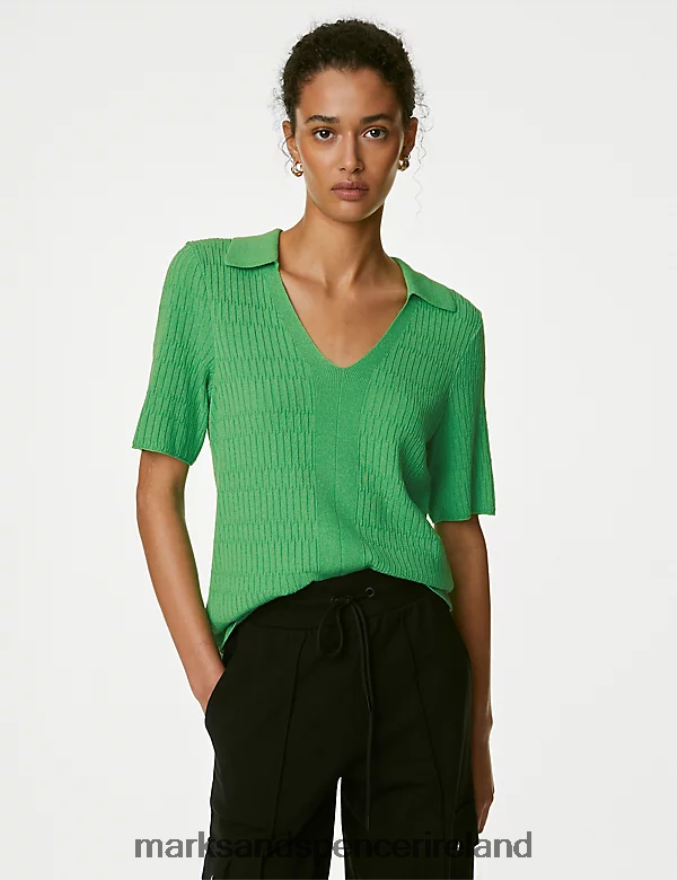 Marks & Spencer Women Textured Collared Knitted Top Acid Green Clothing 2VJ8DF410
