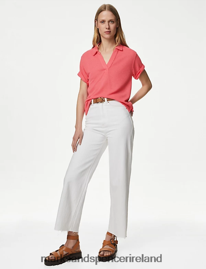 Marks & Spencer Women Textured Collared Top Medium Pink Clothing 2VJ8DF2251