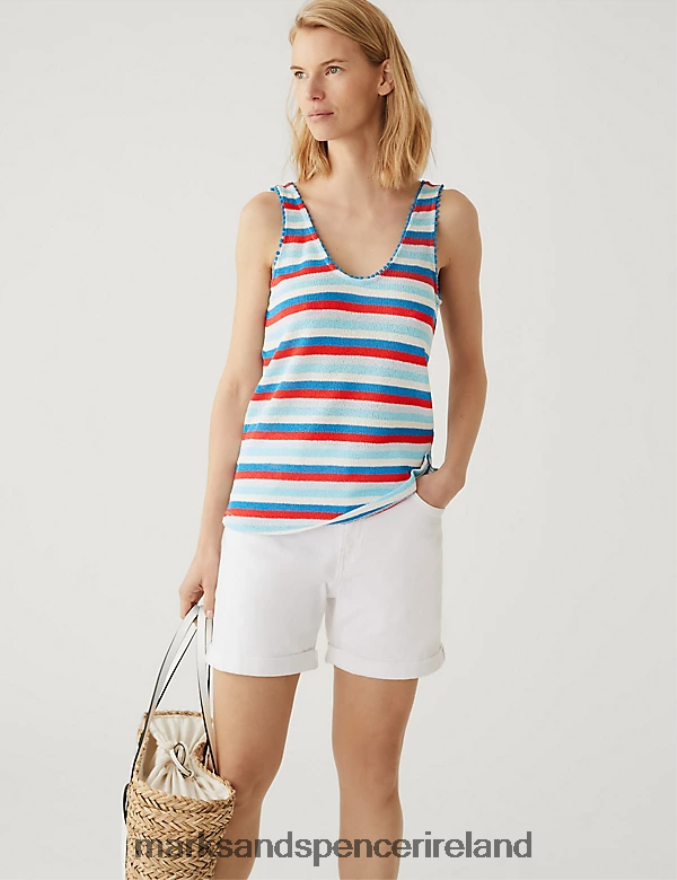 Marks & Spencer Women Textured Striped Vest Top Blue Mix Clothing 2VJ8DF1947