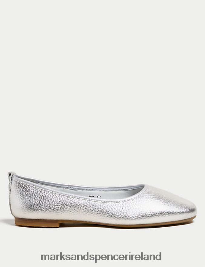 Marks & Spencer Women Leather Ballet Pumps Silver Footwear 2VJ8DF912