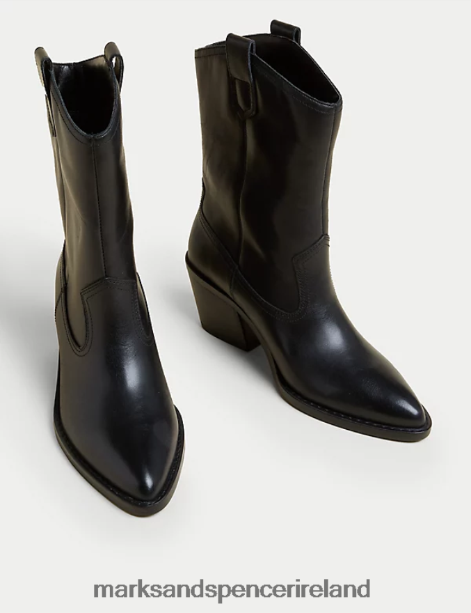 Marks & Spencer Women Leather Cow Boy Block Heel Ankle Boots Black Footwear 2VJ8DF1983