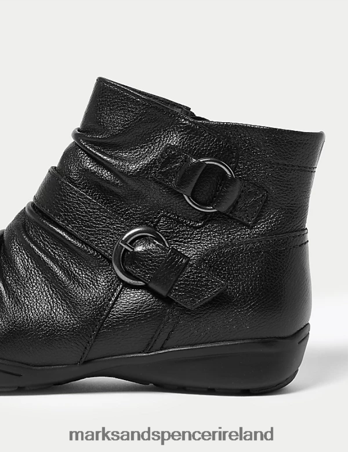 Marks & Spencer Women Wide Fit Leather Buckle Ruched Ankle Boots Black Footwear 2VJ8DF2428