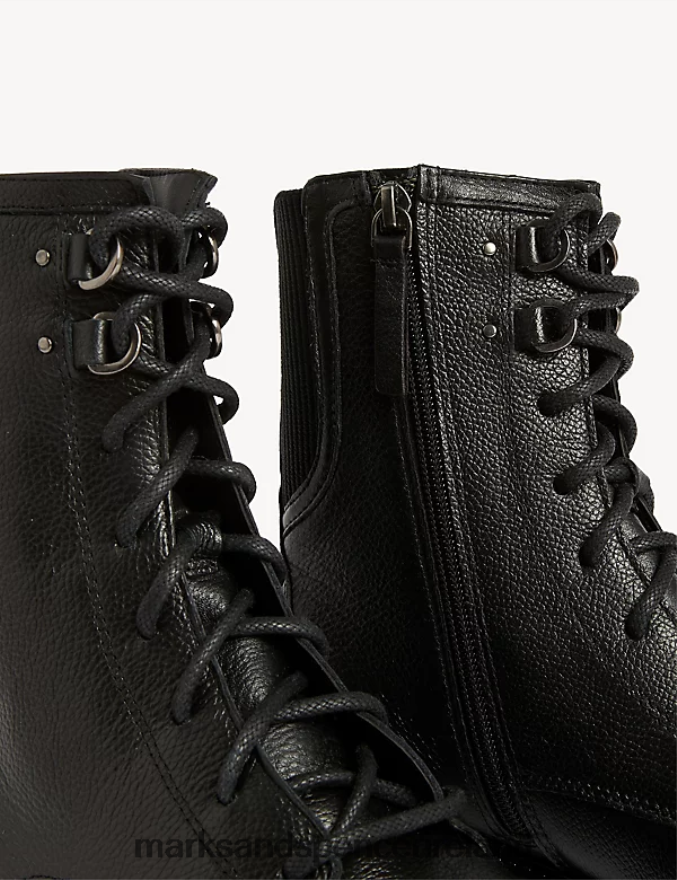 Marks & Spencer Women Wide Fit Leather Lace Up Flat Ankle Boots Black Footwear 2VJ8DF3053