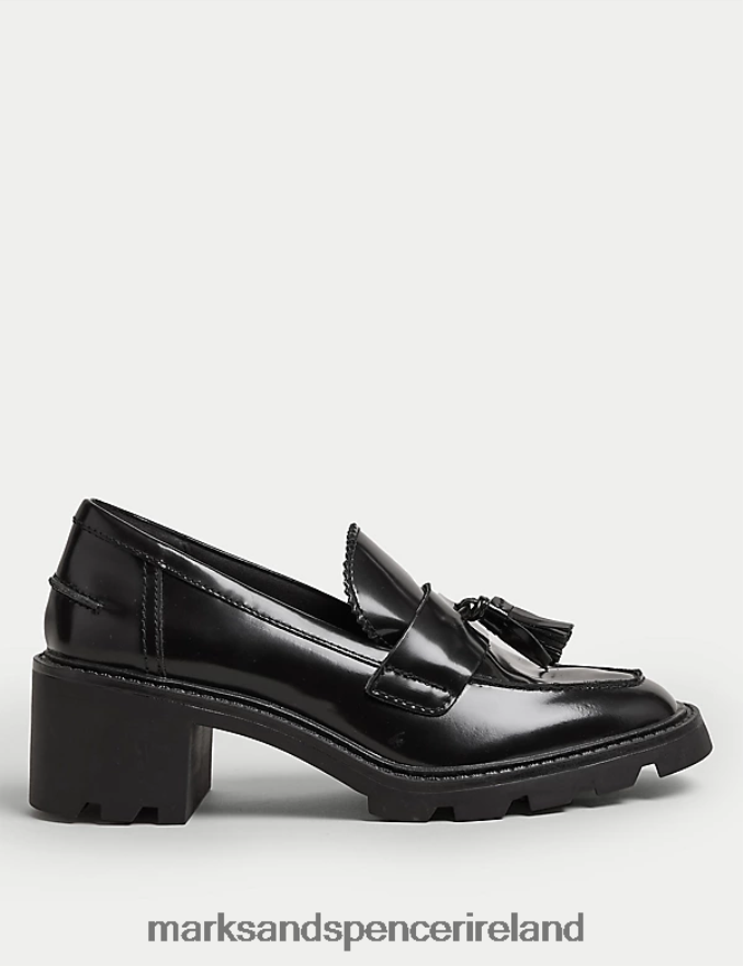 Marks & Spencer Women Leather Tassel Block Heel Loafers Black Footwear 2VJ8DF1688