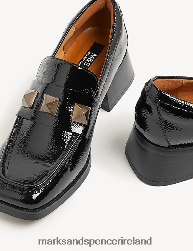 Marks & Spencer Women Wide Fit Leather Patent Block Heel Loafers Black Footwear 2VJ8DF1100