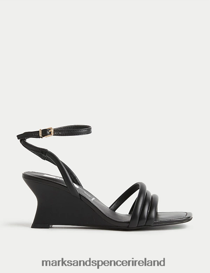 Marks & Spencer Women Buckle Strappy Wedge Sandals Black Footwear 2VJ8DF2946