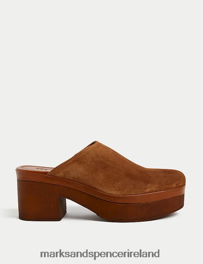 Marks & Spencer Women Suede Block Heel Clogs Tan Footwear 2VJ8DF1607