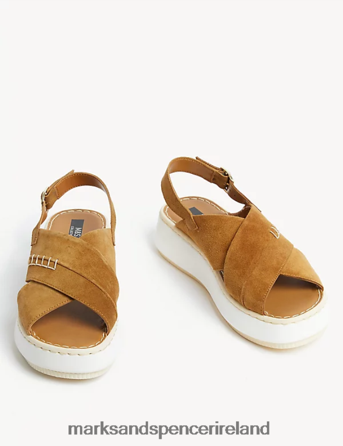 Marks & Spencer Women Suede Crossover Flatform Sandals Tan Footwear 2VJ8DF2027