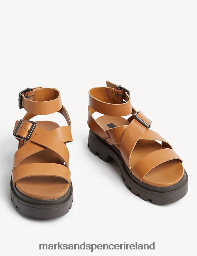 Marks & Spencer Women Wide Fit Leather Buckle Ankle Strap Sandals Tan Footwear 2VJ8DF2098