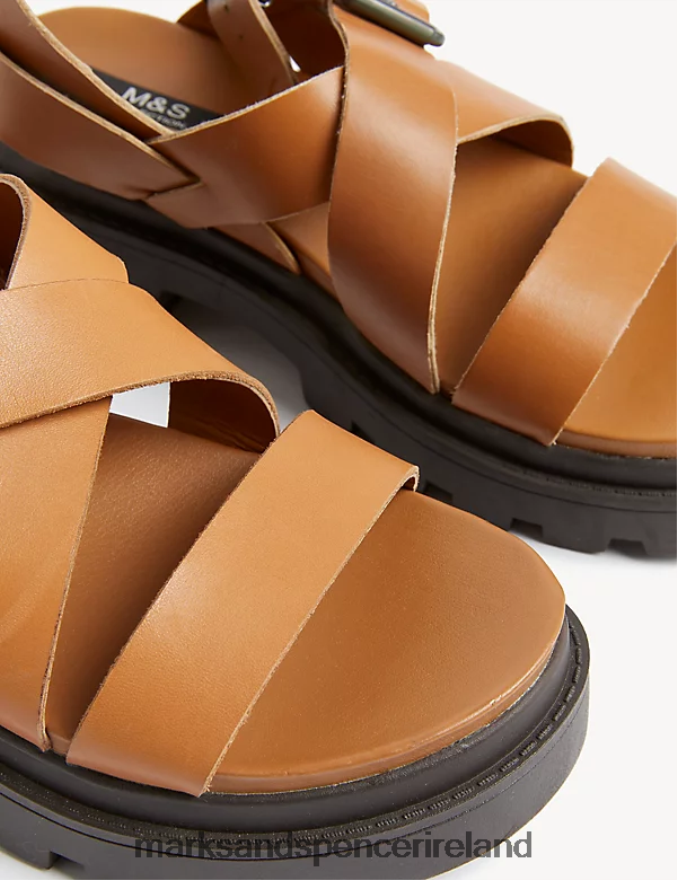 Marks & Spencer Women Wide Fit Leather Buckle Ankle Strap Sandals Tan Footwear 2VJ8DF2098