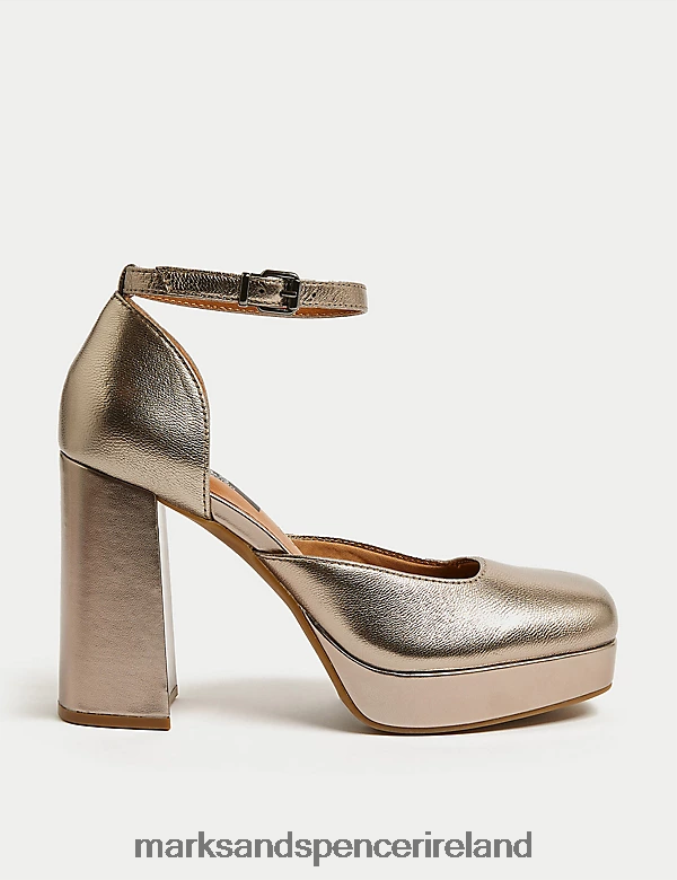 Marks & Spencer Women Leather Ankle Strap Platform Court Shoes Antique Gold Footwear 2VJ8DF1297