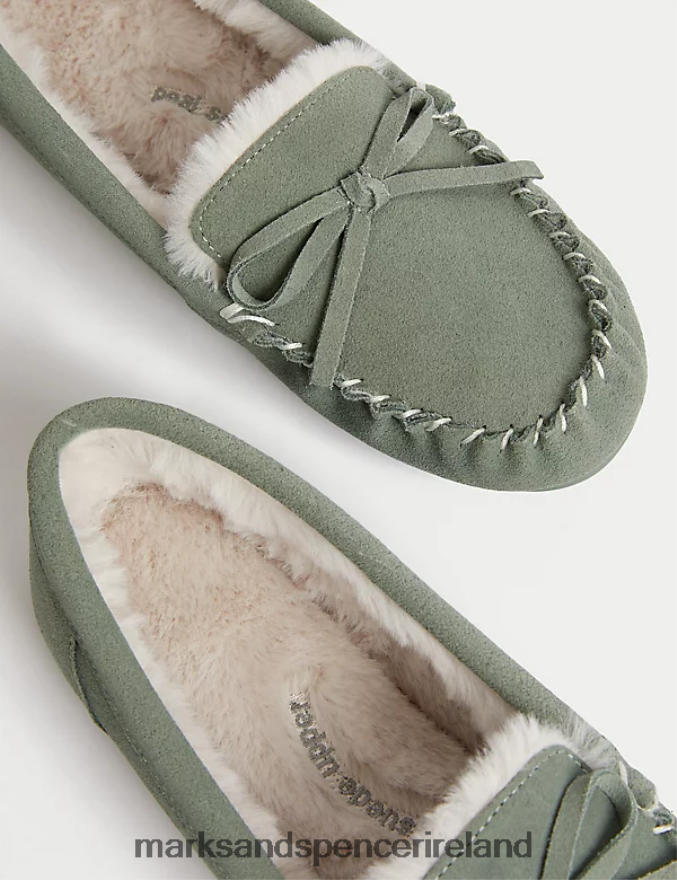 Marks & Spencer Women Suede Bow Faux Fur Lined Moccasin Slippers Dark Sage Footwear 2VJ8DF3475