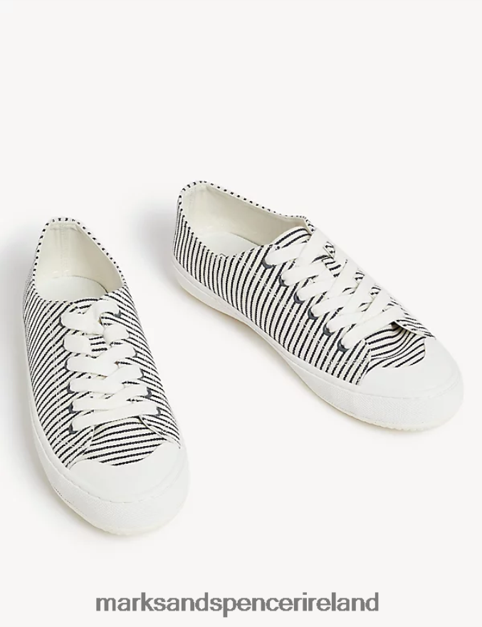 Marks & Spencer Women Canvas Lace Up Stripe Trainers Navy Mix Footwear 2VJ8DF2452