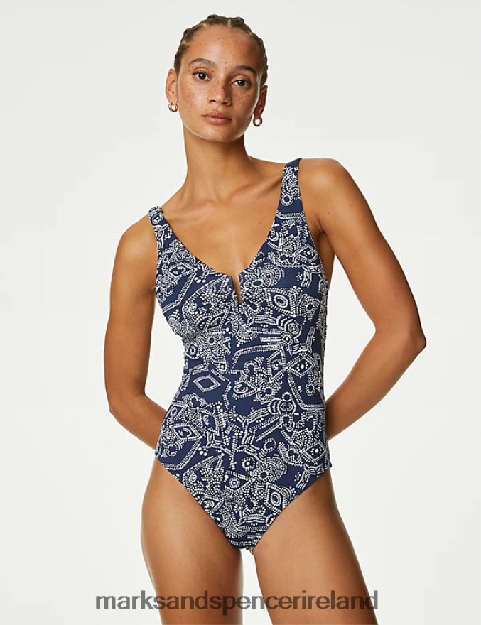 Marks & Spencer Women Printed Padded U-Wire Plunge Swimsuit Navy Mix Swimwear & Beachwear 2VJ8DF119