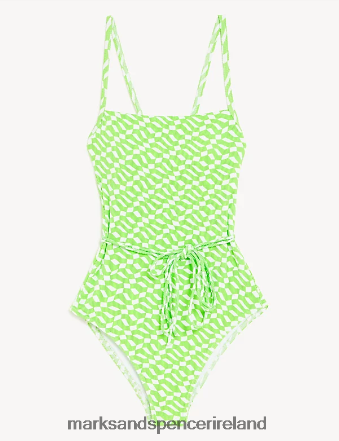 Marks & Spencer Women Printed Ribbed Square Neck Swimsuit Lime Mix Swimwear & Beachwear 2VJ8DF2413